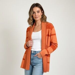 ST JOHN Wool Blend Striped Open-Front Knit Cardigan Size Large